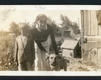 Mother and Son with Adorable Floppy Eared Dog Vintage Photo Snapshot 1930s Fashion Puppy Pets Family