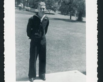 Vintage Photo Snapshot 1940s Handsome Smiling Sailor Man Dark Uniform WWII War Era