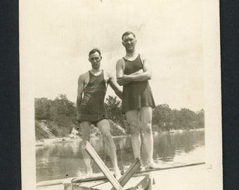 Handsome Men One Piece Swimsuit Water Pier Original Vintage Photo Snapshot 1920s Fashion Summer Legs Lake Wawasee Indiana 2