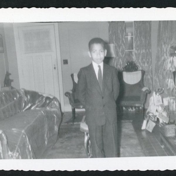 Sunday Best! Young Black Boy Suit Tie Living Room Original Vintage Photo Snapshot Plastic Covered Chair Interior Fashion African American