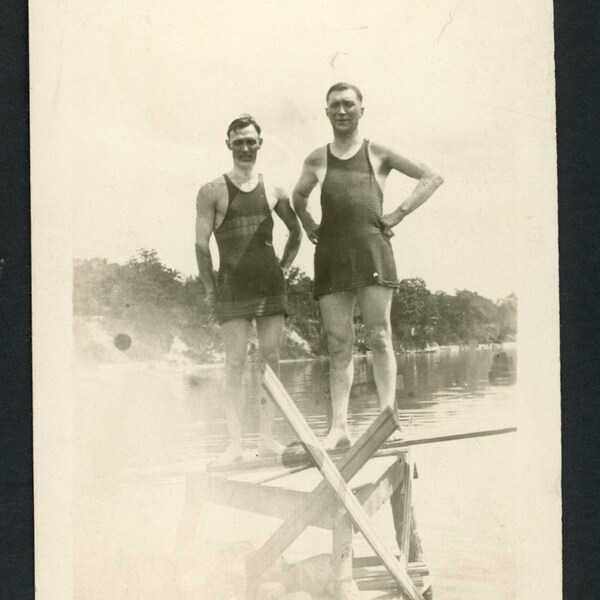 Handsome Men One Piece Swimsuit Water Pier Original Vintage Photo Snapshot 1920s Fashion Summer Legs Lake Wawasee Indiana