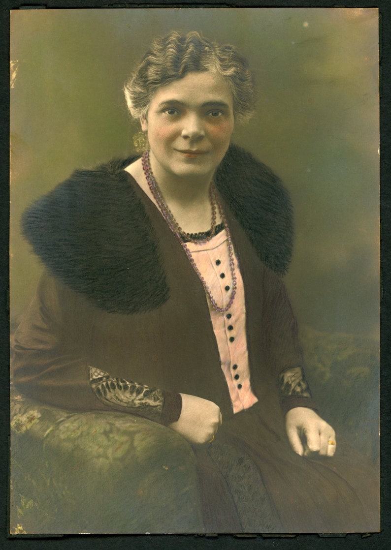 Elegant Rosy Cheeked Older Woman Grey Hair Vintage 6 x 9 Studio Portrait Hand Tinted Photo Fur Collar Stole Beads 1920s Fashion image 1