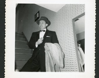 Try to Get My Good Side! Handsome Dapper Man Wearing Tuxedo Hat Holding Coat Original Vintage Photo Snapshot 1950s Fashion