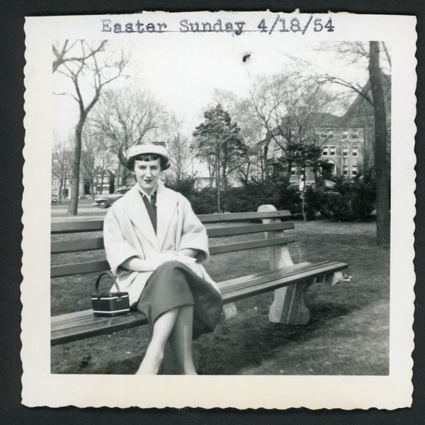 Stylish Woman on Park Bench Dressed for Easter Sunday Dress Hat Coat Handbag Vintage Square Photo Snapshot 1950s Fashion Mid Century