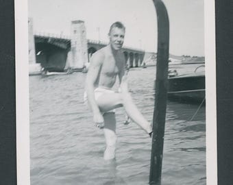 Vintage Photo Snapshot 1950s Shirtless Man Swimsuit Standing in Water With Water Ski