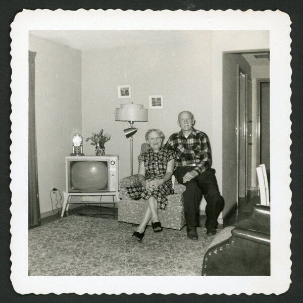 Happy Middle Aged Couple in Living Room Man Women TV Television Vintage Square Photo Snapshot 1950s Fashion Mid Century Interior Lampshade