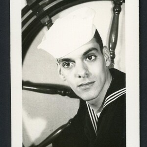 Handsome Sailor Man Profile Portrait Ship&#39;s Wheel Background Vintage Wallet Size Photo Snapshot Uniform 1940s Fashion Navy WWII Era
