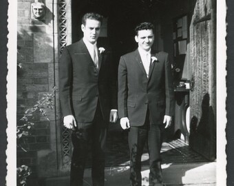 Elegant Men in Matching Suits Tie in Front of Church Door Wedding Groomsmen ? Vintage Photo Snapshot 1960s Fashion