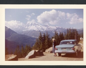 Middle Aged Woman Looks At Scenic Mountain View Studebaker Lark Car Alpine Peaks Original Vintage Photo Snapshot 1950s Fashion Automotive