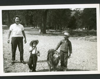 Walk Time!  Woman Mother with Boys and Cute Collie Dog Stroll in the Park Original Vintage Photo Snapshot 1960s Fashion Puppy Family