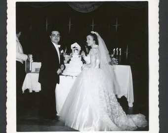 Congratulations to the Happy Couple! Beautiful Bride Groom with Wedding Cake Vintage Photo Snapshot 1950s Man Woman Fashion Romance Marriage