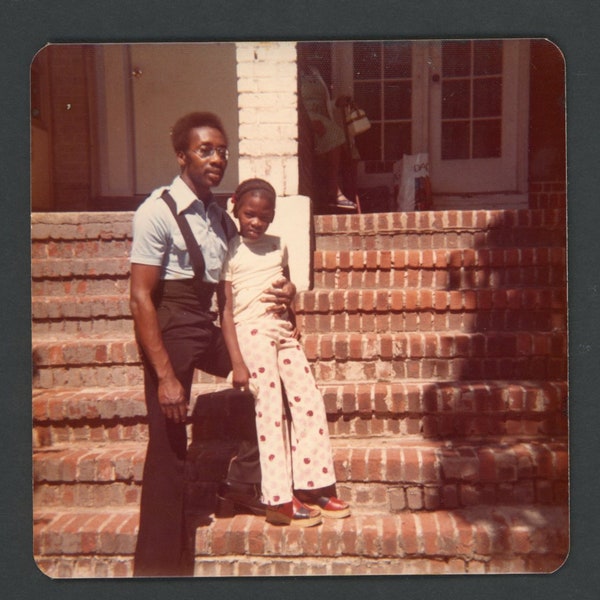 Handsome Black African American Man Father with Girl on Front Steps Original Vintage Photo Snapshot 1970s Cool Mod Fashion