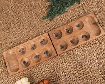 Handmade Mancala Board Game, Walnut Wood  Mancala, Kalaha Wooden Board, Wooden Family Table Game, Vintage Traditional Wooden Game, All Ages