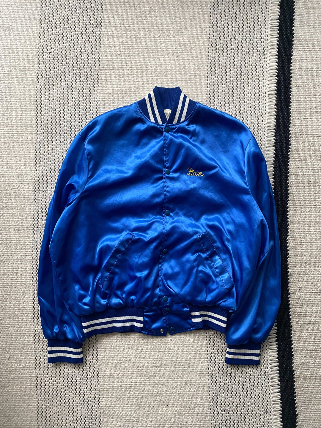 Vintage 1970s Stateline Riders Satin Varsity Bomber Jacket Blue Size L