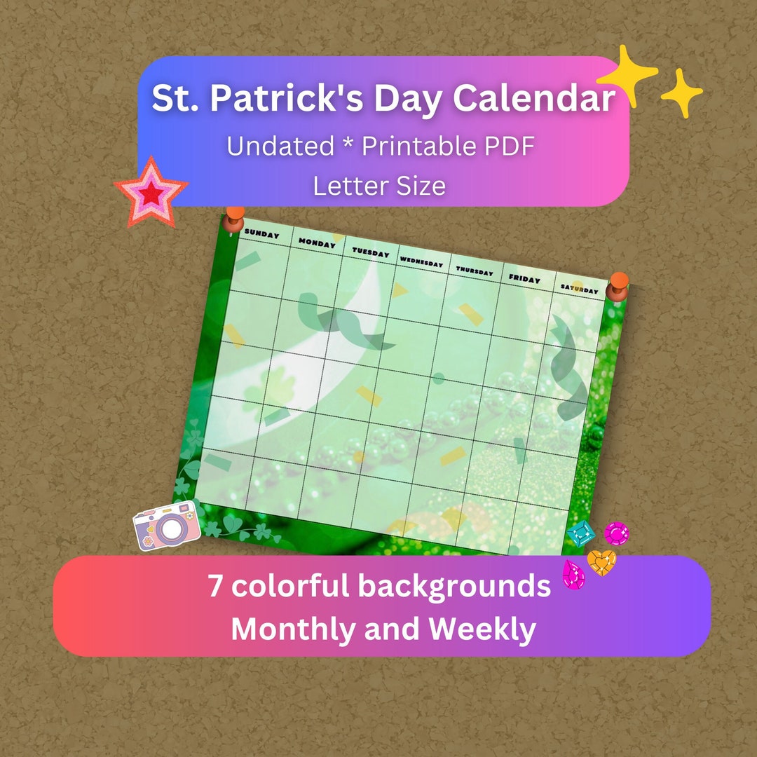 St. Patrick's Day 2024 Calendar, Shamrock Four Leaf Clovers Leprechauns