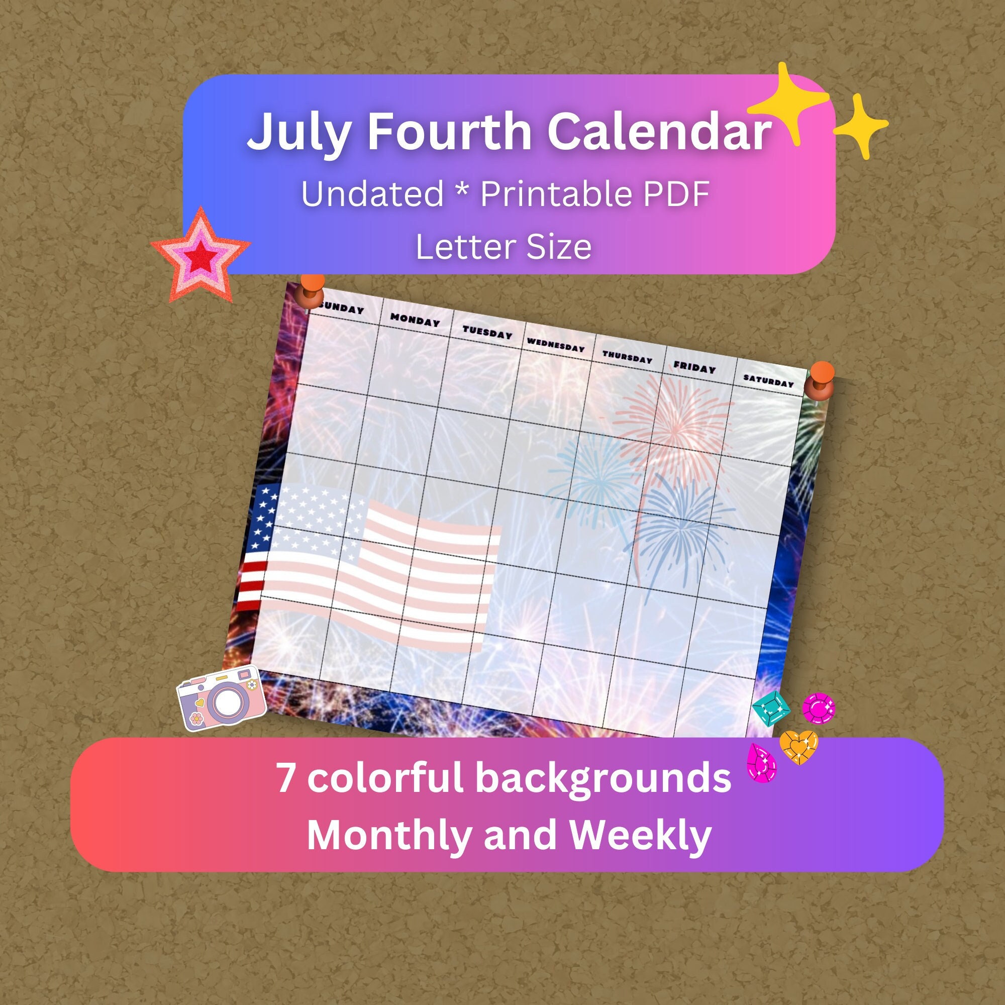 July Fourth 2024 Calendar Flag Fireworks American USA Etsy Australia