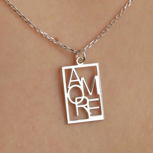 Collar de escritura Amore de plata, collar de texto, collar de palabras Amore, collar de plata delicada, colgante Amore, collar de letras Amore