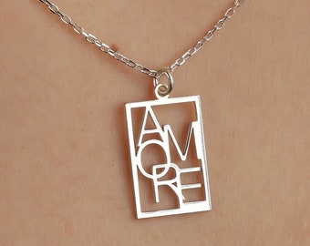 Silver Amore Script Necklace, Text Necklace, Amore Word Necklace, Dainty Silver Necklace, Amore Pendant, Amore Letter Necklace