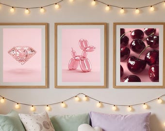 Pinkfarbenes Wandbild-Set (3-teilig): Kirsche, rosa Diamant und Ballonhund – Poster zum Ausdrucken, 50 x 70 cm, digitaler Download