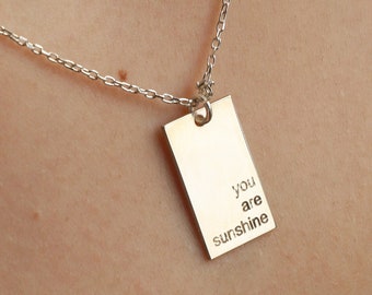 Sterling Silver You are Sunshine Necklace, Dainty Plate Necklace, Sunshine Pendant, Minimalist Necklace, Simple Silver Pendant