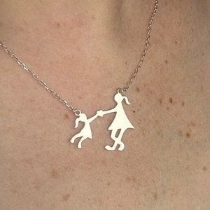 Mother and Daughter Silhouette Necklace, Cute Mom and Baby Charm, Mother's Day Gift, Family Necklace, Silver Mother's Day Necklace image 1
