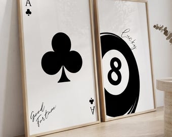 Glücks-Wandbild-Set (2-teilig): Poster-Bundle mit Pik-Ass und Kugel 8, minimalistische Spielkarten-Prints, moderne Schwarz-Weiß-Dekoration, digitaler Download
