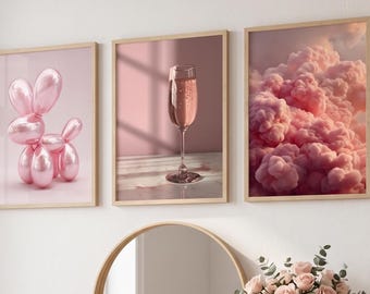 Pinkfarbenes Wandbild-Set (3-teilig), Poster-Bundle „Coquette“, Kunstdrucke mit Ballonhund und Champagnerwolken, skandinavische Deko fürs Studentenwohnheim, digitaler Download