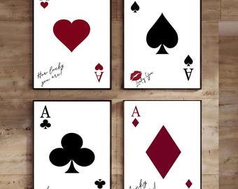 Spielkarten-Poster-Set (4-teilig), Ass-Wandkunst, Poker-Prints, moderne Galerie-Wanddekoration, A3-Druckvorlage, Glücksposter