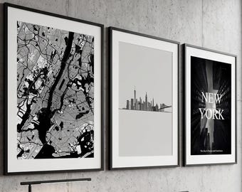 New York Wandbild-Set (3-teilig): Minimalistischer NYC-Stadtplan, Skyline-Linienzeichnung & Schwarz-Weiß-Stadtposter, skandinavisch-moderne Druckvorlage