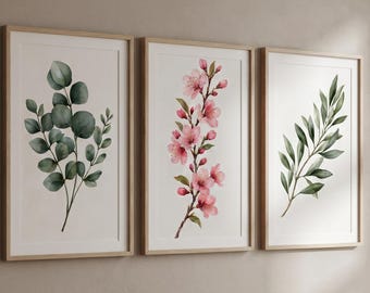 Botanisches Wandbild-Set (3-teilig), A3-Blumendrucke, Kirschblütenposter, Eukalyptus-Olivenzweig, Japandi-skandinavische Dekoration, Digitaler Download