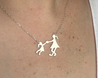 Mother and Daughter Silhouette Necklace, Cute Mom and Baby Charm, Mother's Day Gift, Family Necklace, Silver Mother's Day Necklace