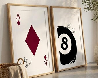 Wandbild-Set „Glücksstern“, Poster-Set „Karo-Ass“ und „Acht-Kugel“, Manifestationsdeko, Casino-inspirierte Kunst, moderne minimalistische Drucke