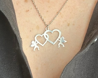 Two Cupid Holding Heart Necklace, Eros Angel Necklace, Baby Angels Necklace, Two Hearts Pendant, Eros Jewelry, Anniversary Gift for Couples