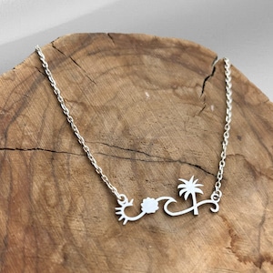 Sterling Silver Summer Necklace, Summer Vibe Necklace, Sea and Sun Pendant, Silver Necklace Gift, Sea Shell and Palm Tree Char