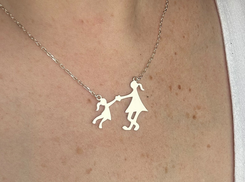 Mother and Daughter Silhouette Necklace, Cute Mom and Baby Charm, Mother's Day Gift, Family Necklace, Silver Mother's Day Necklace image 1