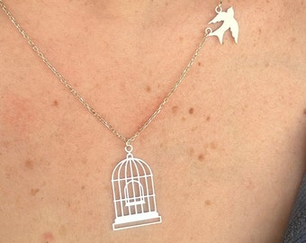 Sterling Silver Flying Bird Necklace, Animal Necklace, Bird Pendant, The Bird Escaping From Cage Necklace, Flying Bird and Cage Pendant