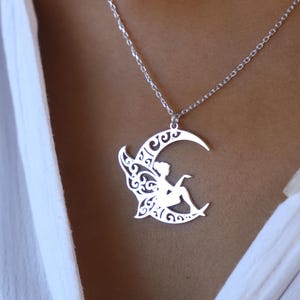 Sterling Silver Fairy on the Moon Necklace, Fairy Silhouette Necklace, Unique Fairy Jewelry, Silver Fairy Necklace, Dainty Fairy Pendant