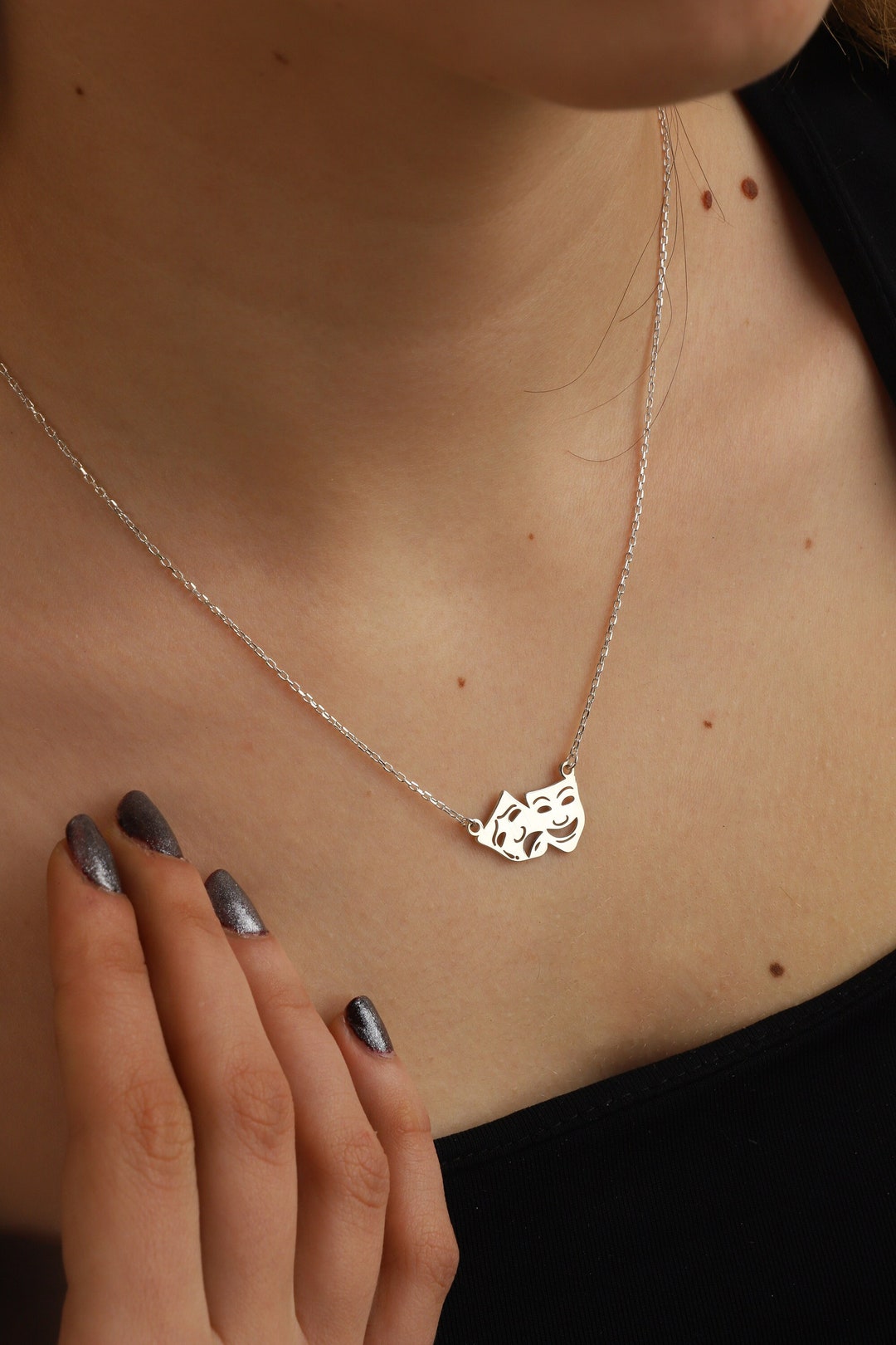 Sterling Silver Theater Drama Mask Necklace, Comedy Tragedy Mask