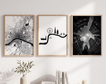 London-Wandbild-Set (3-teilig): Schwarz-Weiß-Drucke von London, Skyline, Stadtplan, Architekturposter, moderne minimalistische Wanddekoration zum Ausdrucken
