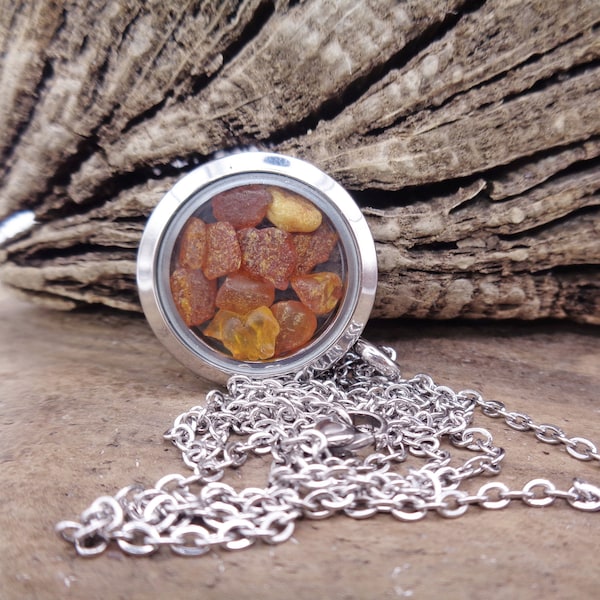 Sea Glass Necklace ,Locket With Super Tiny Genuine Baltic Amber,Unique Amber Gift,Beach Treasures Locket Necklace