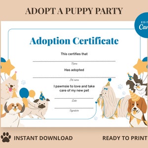 Puppy Adoption Certificate, Adopt a puppy party, Dog lover birthday, Dog adoption certificate Printable Party Favors | Instant Download