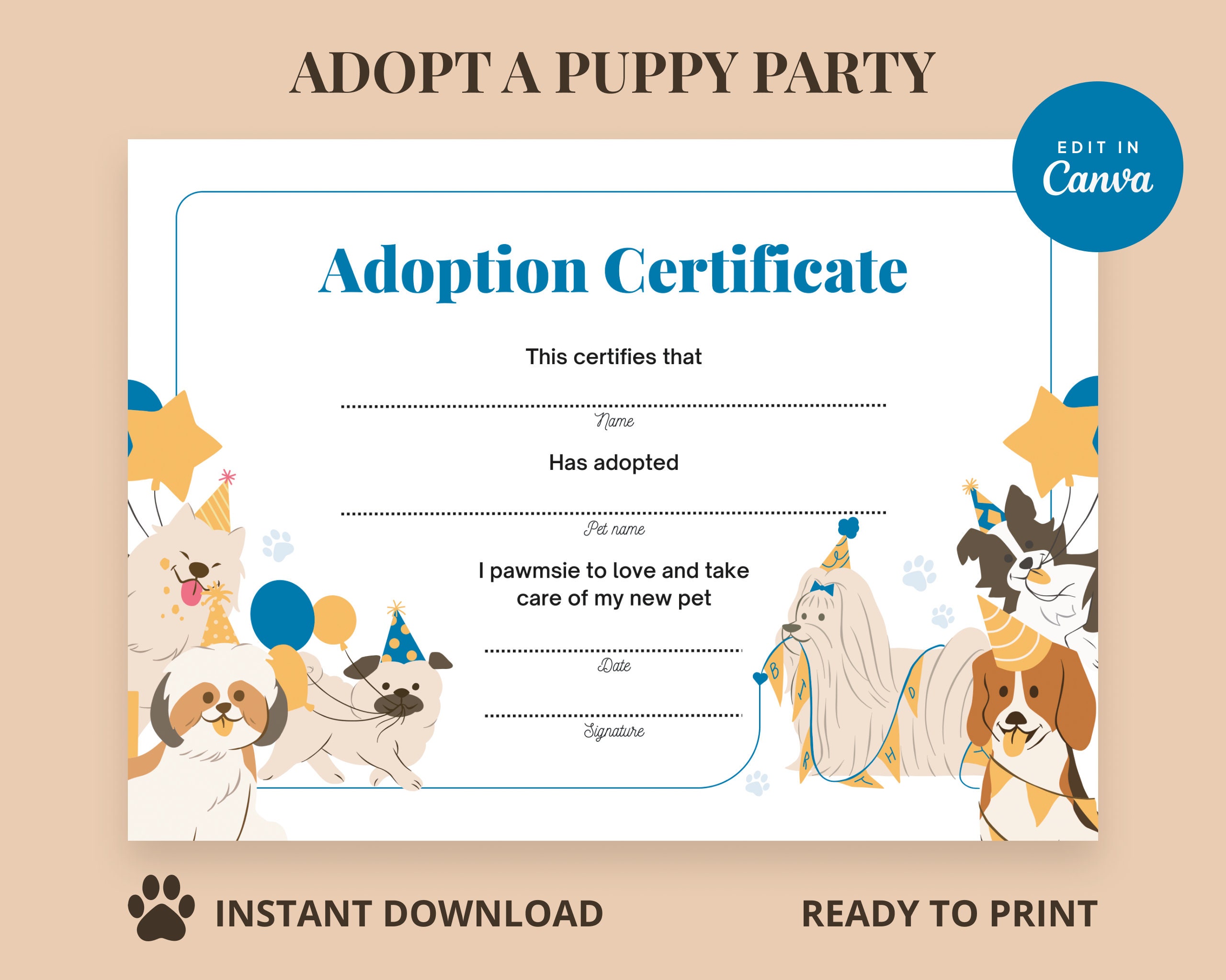 Puppy Adoption Certificate Adopt a Puppy Party Dog Lover Birthday Puppy Adoption Certificate Adopt a Puppy Party Dog Lover Birthday