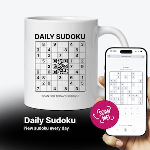 Caneca Sudoku Diária: Caneca de Café Interativa com Quebra-Cabeça de Código QR – Presente para Estimular o Cérebro