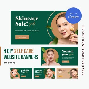 4 Self Care Website Banners - DIY Website Banners - Skin Care website banner - Shopify Banners - Editable Canva template banner - Wellness