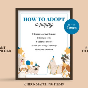 Hoe een puppy te adopteren Teken Adopteer een puppyfeestje, Puppy Party Games, Hond Adoptie Verjaardagsfeestje, Hondenliefhebber Verjaardag | Afdrukbaar | Laten we Pawty!