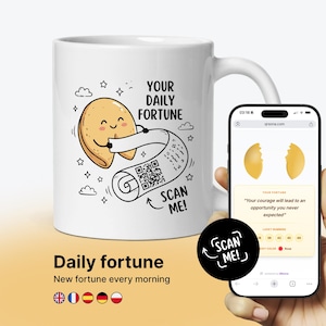 Glückskeks Tasse, Lustige Kaffeetasse Geschenk für Sie und Ihn, Tägliche Weisheit & Glückszahlen per QR-Code, Geburtstagsgeschenk Kollegen