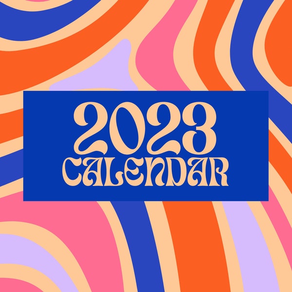 2023 Monthly Calendar Canva Template, Mid-Century Modern Landscape A4, Instant Download, Printable PDF, Sunday Start,  Psychedelic Style,