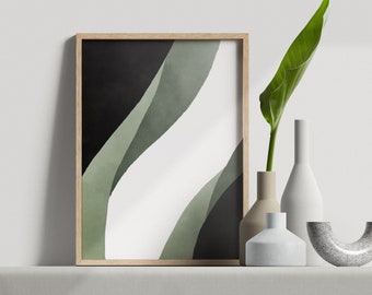 Minimalist Wave Art, Japandi Wall Art, Dark Emerald Green Wall Art, Abstract Minimalist Large Art Print