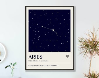Poster di arte da parete dell'Ariete, Regali dello zodiaco dell'Ariete, Regalo di astrologia del segno zodiacale, Arte stampabile celeste, Costellazione dello zodiaco dell'Ariete retrò