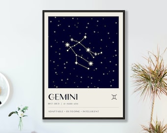 Gemini Wall Art Poster, Gemini Zodiac Gifts, Star Sign Astrology Gift, Printable Wall Art Quotes Zodiac, Retro Gemini Zodiac Constellation